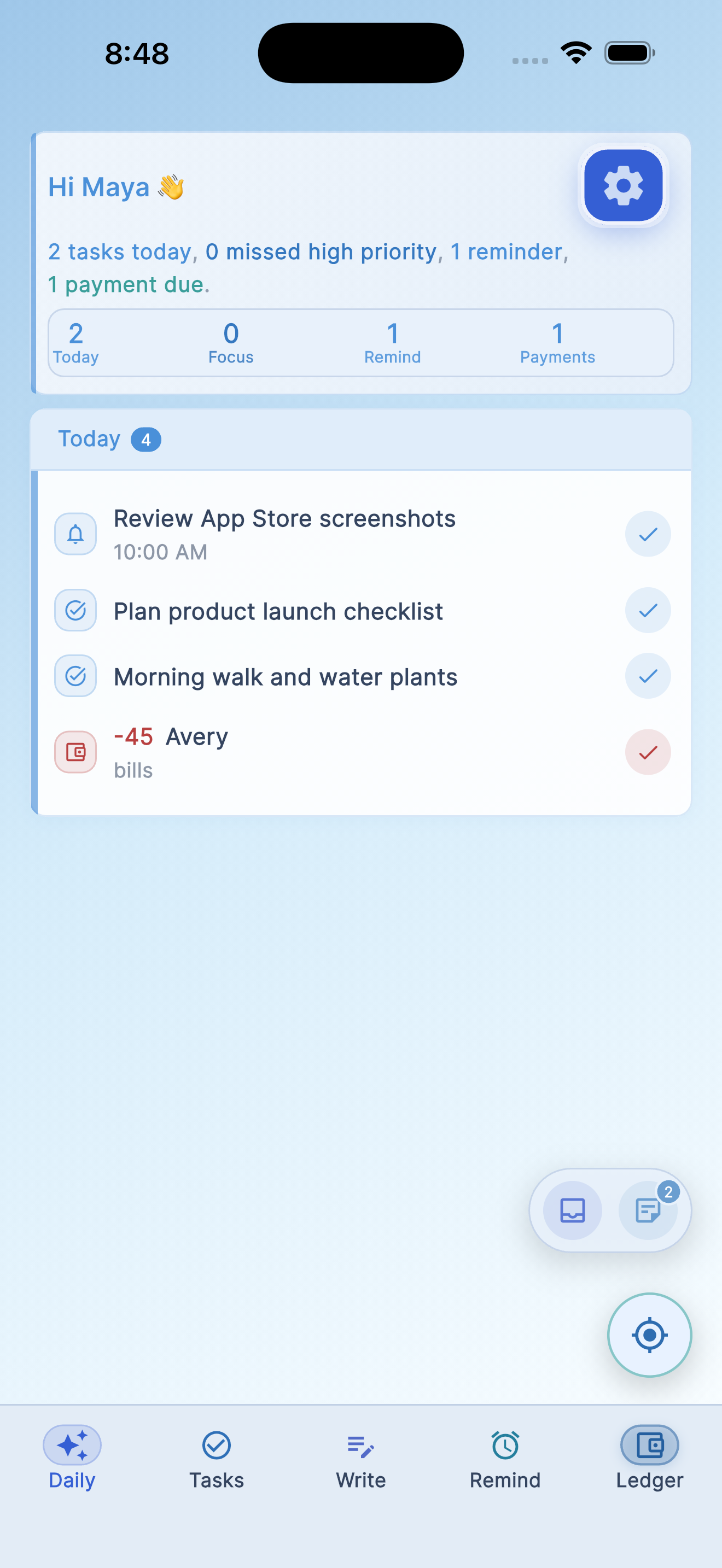TaskPlot mobile Today screen